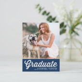 ネイビーブルーレトロはっきりしたタイポグラフィ写真卒業 案内ポストカード (スタンド正面)