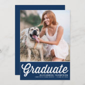 ネイビーブルーレトロはっきりしたタイポグラフィ写真卒業 案内状 (正面/裏面)