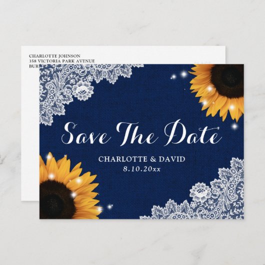 ネイビーブルーレースひまわりウェディング日曜保存日 案内ポストカード (正面/裏面)