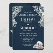 ネイビーブルーレーススカルピンクローゼズカップルシャワー 招待状 (正面/裏面)