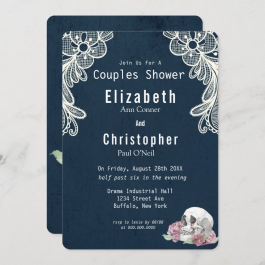 ネイビーブルーレーススカルピンクローゼズカップルシャワー 招待状 (正面/裏面)