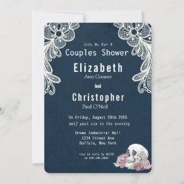 ネイビーブルーレーススカルピンクローゼズカップルシャワー 招待状