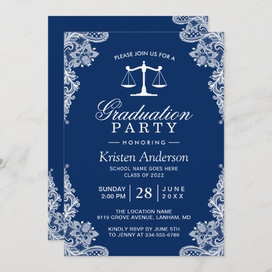 ネイビーブルーレース法科学生卒業写真 招待状 (正面/裏面)