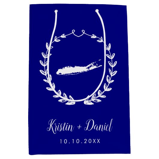 ネイビーブルーロングアイランドNYマップズウェ結婚ルカムスワッグ ミディアムペーパーバッグ (正面)