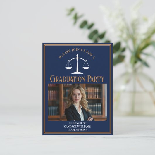 ネイビーブルーロースクール卒業党招待状 ポストカード (スタンド正面)