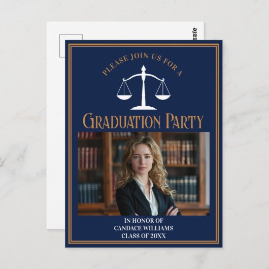 ネイビーブルーロースクール卒業党招待状 ポストカード (正面/裏面)