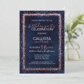 ネイビーブルーローズゴールドのスパークルしたコンフェッティ誕生日 招待状 (スタンド正面)