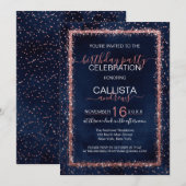 ネイビーブルーローズゴールドのスパークルしたコンフェッティ誕生日 招待状 (正面/裏面)