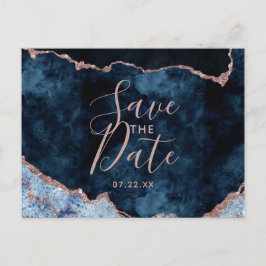 ネイビーブルーローズゴールドアゲート大理石 Save the Date 案内ポストカード