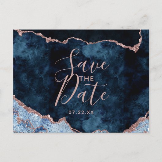 ネイビーブルーローズゴールドアゲート大理石 Save the Date 案内ポストカード (正面)