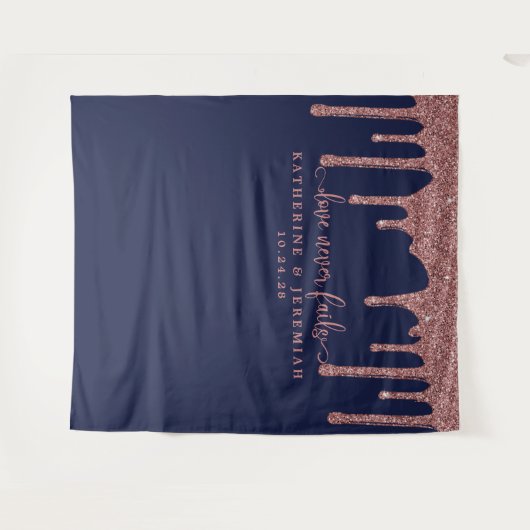 ネイビーブルーローズゴールドグリッター垂れ落ち ウェディングバックドロップ タペストリー (正面(横))