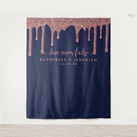 ネイビーブルーローズゴールドグリッター垂れ落ち ウェディングバックドロップ タペストリー (正面)