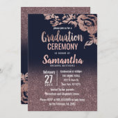 ネイビーブルーローズゴールドグリッター フラワーの卒業式 招待状 (正面/裏面)