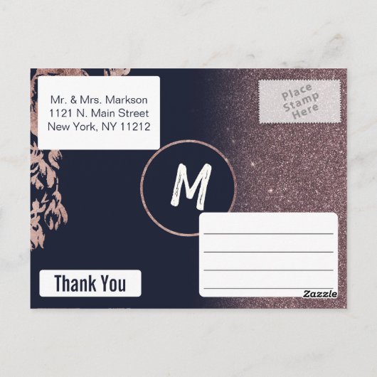 ネイビーブルーローズゴールドグリッター フラワール ありがとうございます ポストカード (裏面)