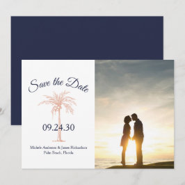 ネイビーブルーローズゴールドコッパーヤシの木の結婚式の写真 セーブザデート