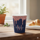 ネイビーブルーローズゴールドドリッピンググリッター モノグラム 紙コップ