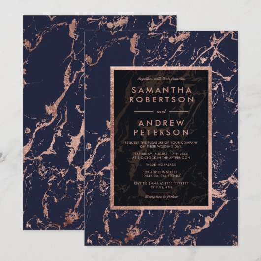 ネイビーブルーローズゴールドフレーム大理石の結婚式 招待状 (正面/裏面)