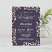 ネイビーブルーローズゴールド フローラルリーフ ブライダルシャワー 招待状 (スタンド正面)