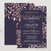 ネイビーブルーローズゴールド フローラルリーフ ブライダルシャワー 招待状 (正面/裏面)