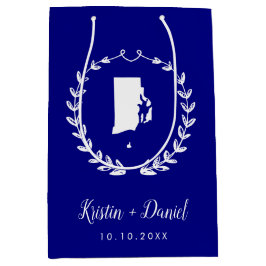 ネイビーブルーロードアイランドマップ結婚のウェルカムスワッグ ミディアムペーパーバッグ