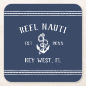 ネイビーブルーロープ&いかりボート名 スクエアペーパーコースター (正面)