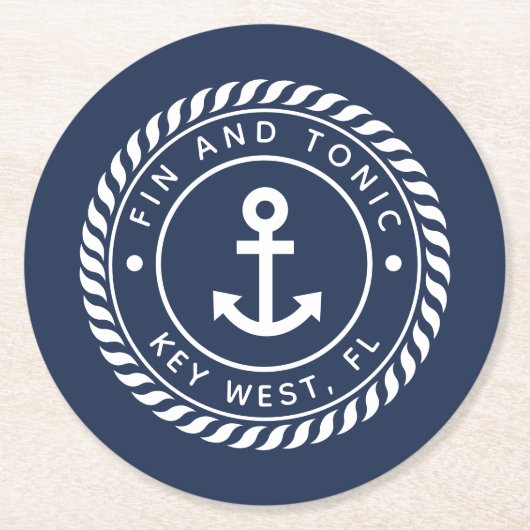 ネイビーブルーロープ&いかりボート名 ラウンドペーパーコースター (正面)