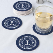 ネイビーブルーロープ&いかりボート名 ラウンドペーパーコースター