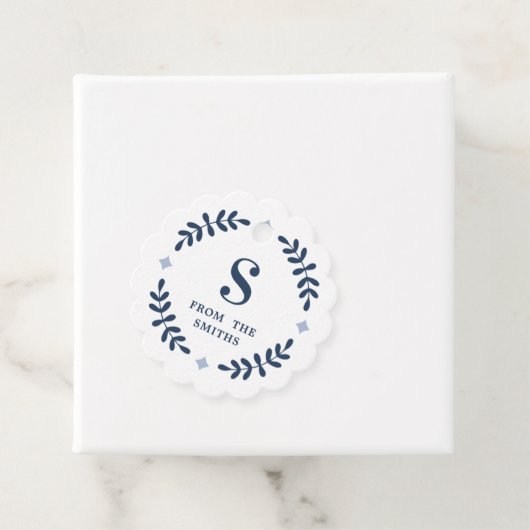 ネイビーブルーローレルリースモノグラムメッセージカード フェイバータグ (インサイチュ)