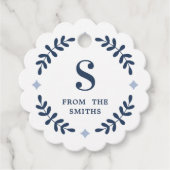 ネイビーブルーローレルリースモノグラムメッセージカード フェイバータグ (正面)