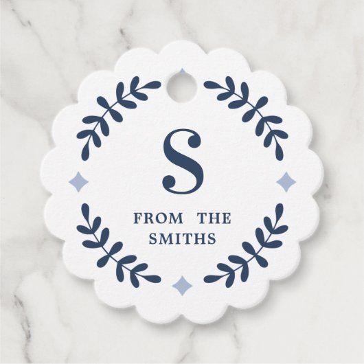 ネイビーブルーローレルリースモノグラムメッセージカード フェイバータグ (正面)