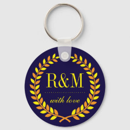 ネイビーブルーローレルリースモノグラム結婚ズキーチェーン キーホルダー