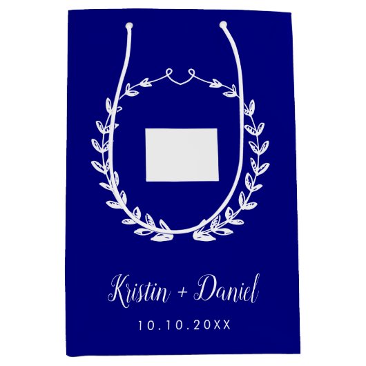 ネイビーブルーワイオミング結婚マップの歓迎スワッグ ミディアムペーパーバッグ (正面)