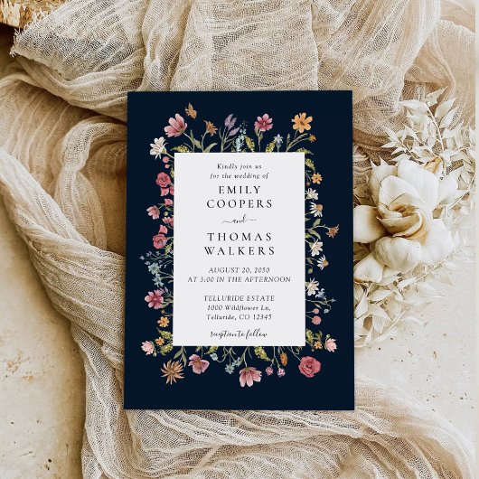 ネイビーブルーワイルドフラワーズ結婚式招待状 セーブザデート