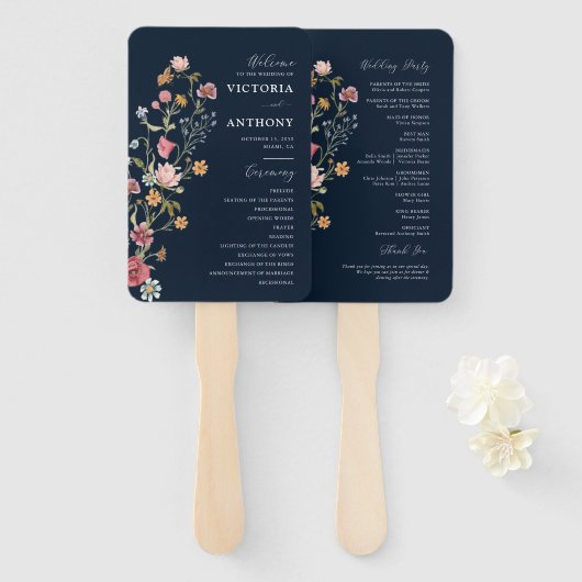 ネイビーブルーワイルドフラワーズ結婚式 プログラムハンドファン ハンドファン (正面&裏面)