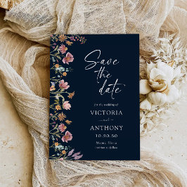 ネイビーブルーワイルドフラワーデイトカードを保存 セーブザデート