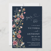 ネイビーブルーワイルドフラワーデイトカードを保存 招待状 (正面)