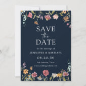 ネイビーブルーワイルドフラワーデイトカードを保存 招待状 (正面)