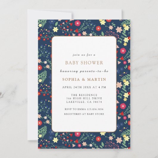 ネイビーブルーワイルドフラワーフレームベビーシャワー 招待状 (正面)
