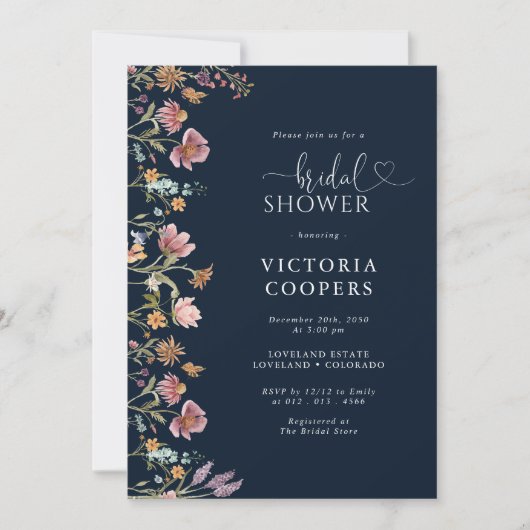 ネイビーブルーワイルドフラワーブライダルシャワー招待 セーブザデート (正面)