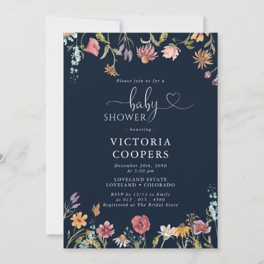ネイビーブルーワイルドフラワーベビーシャワー招待状 招待状 (正面)