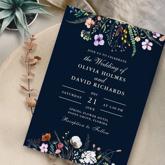 ネイビーブルーワイルドフラワーメドウカスタム写真結婚s 招待状