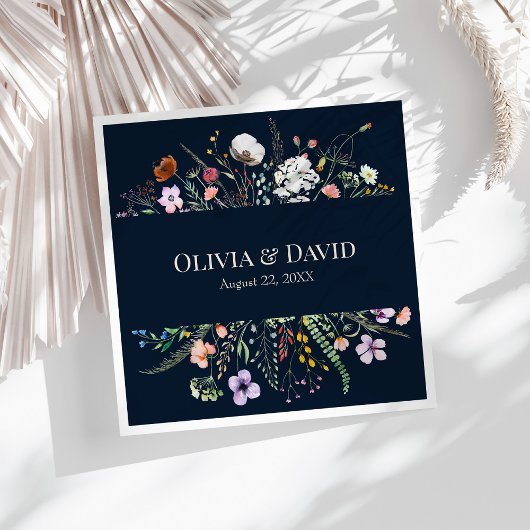 ネイビーブルーワイルドフラワーメドウ結婚ズナプキン