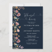 ネイビーブルーワイルドフラワーリハーサルディナー招待状 セーブザデート (正面)