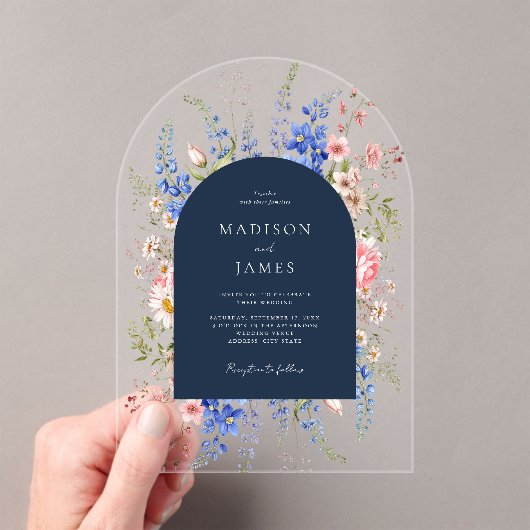 ネイビーブルーワイルドフラワー結婚フローラ アクリル招待状 (インサイチュ (ポータブル))