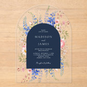 ネイビーブルーワイルドフラワー結婚フローラ アクリル招待状 (正面)
