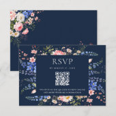 ネイビーブルーワイルドフラワー結婚フローラ 出欠カード (正面/裏面)