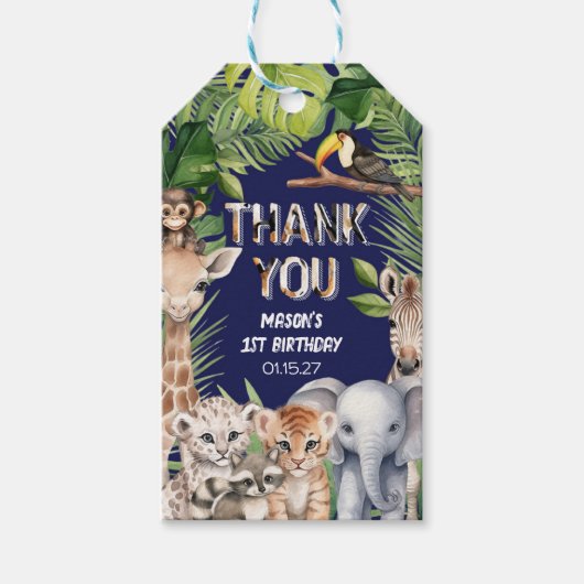 ネイビーブルーワイルドワンジャングル動物の誕生日の好意 ギフトタグ (正面)