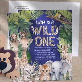 ネイビーブルーワイルドワン、ジャングル動物1歳の誕生日 インビテーションポストカード