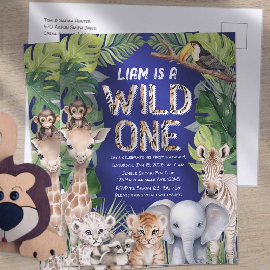 ネイビーブルーワイルドワン、ジャングル動物1歳の誕生日 インビテーションポストカード