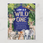 ネイビーブルーワイルドワン、ジャングル動物1歳の誕生日 インビテーションポストカード (正面)